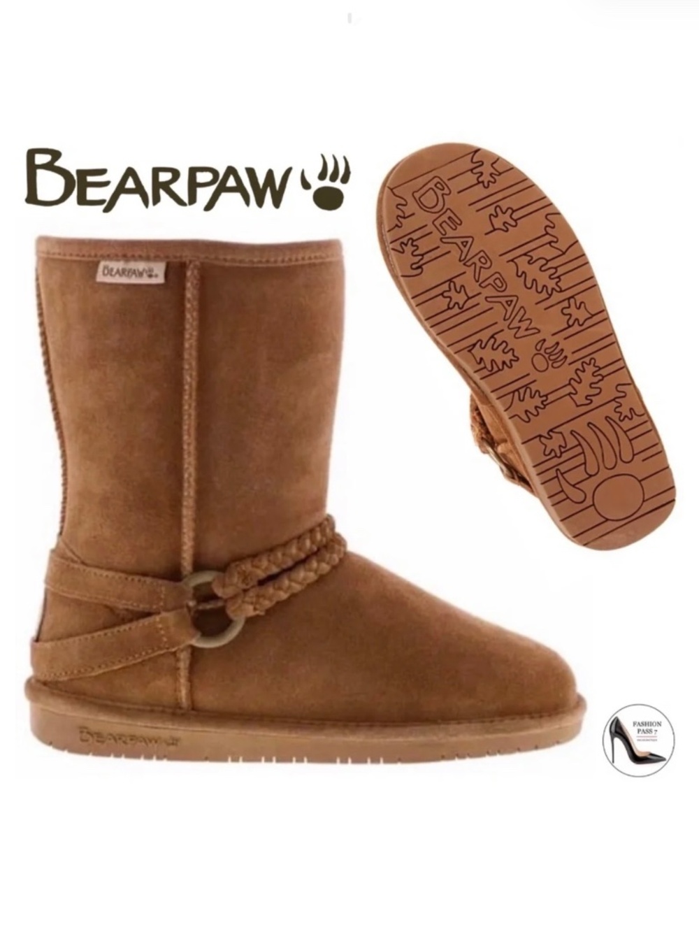Bearpaw Adele Hickory Braided Brown Tan Suede Wool Lined Snow Winter Boots 6